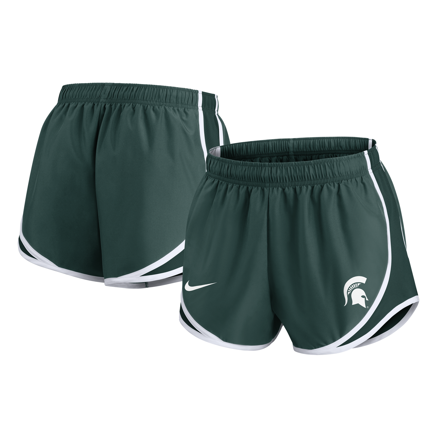 Front and back view of a pair of green running shorts with white edges and a white Spartan Helmet logo on the left leg. The Nike swoosh logo is printed in white on the right leg. 