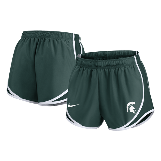Front and back view of a pair of green running shorts with white edges and a white Spartan Helmet logo on the left leg. The Nike swoosh logo is printed in white on the right leg. 