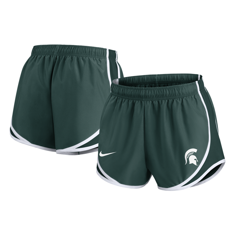 Front and back view of a pair of green running shorts with white edges and a white Spartan helmet logo on the left leg.