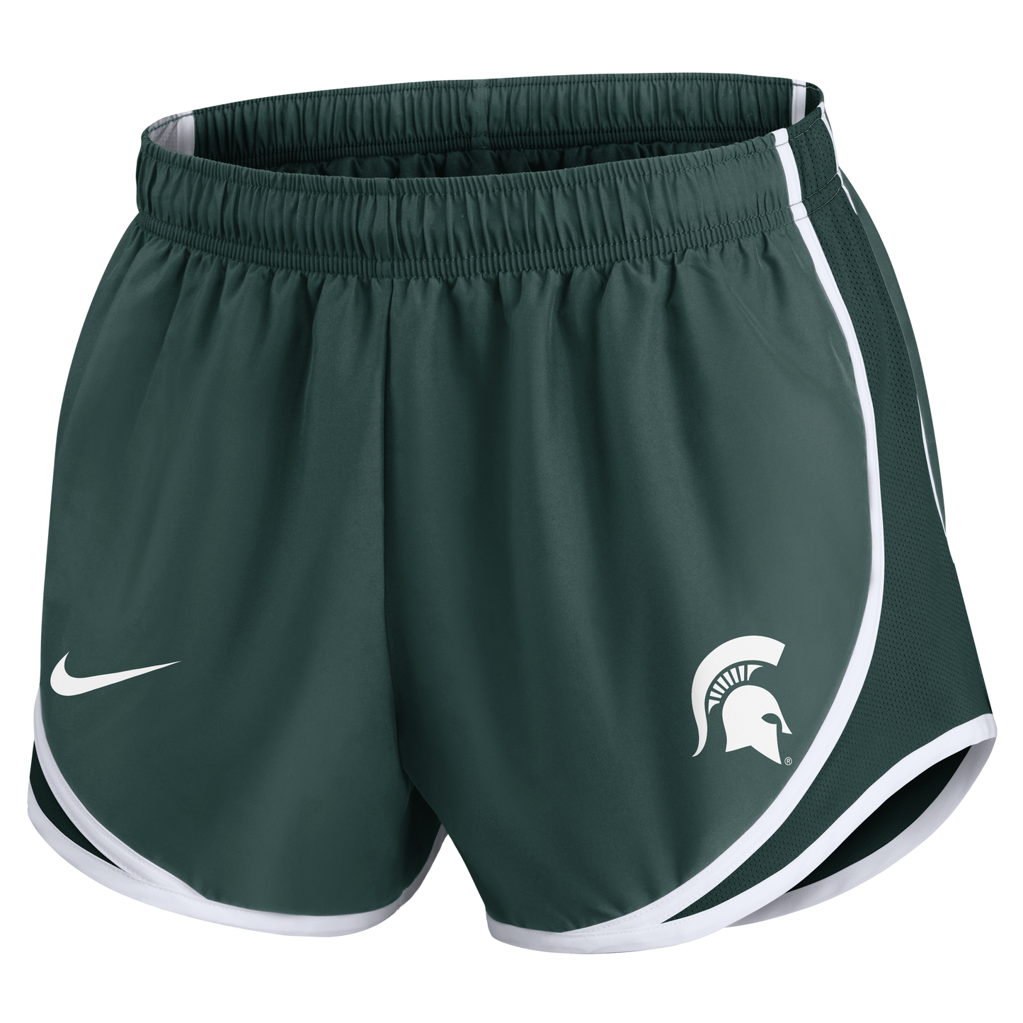  A pair of green running shorts with white edges and a white Spartan Helmet logo on the left leg. The Nike swoosh logo is printed in white on the right leg. 