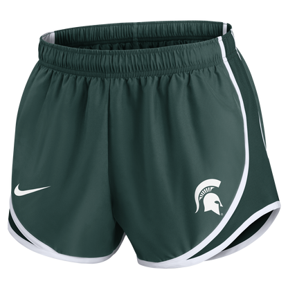  A pair of green running shorts with white edges and a white Spartan Helmet logo on the left leg. The Nike swoosh logo is printed in white on the right leg. 
