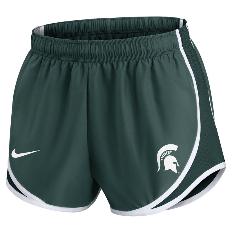  A pair of green running shorts with white edges and a white Spartan helmet logo on the left leg.