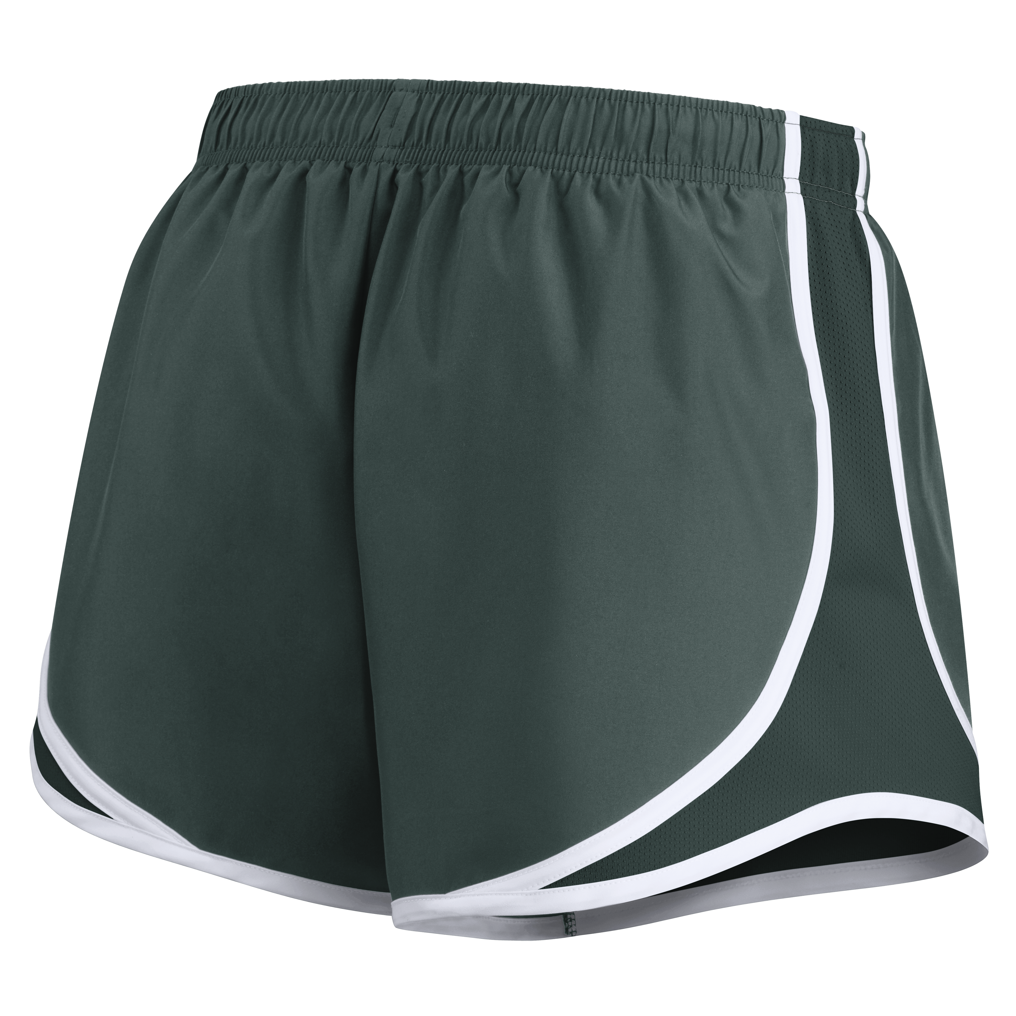 The back of a pair of green running shorts with white edges.