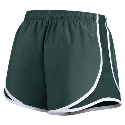 The back of a pair of green running shorts with white edges.