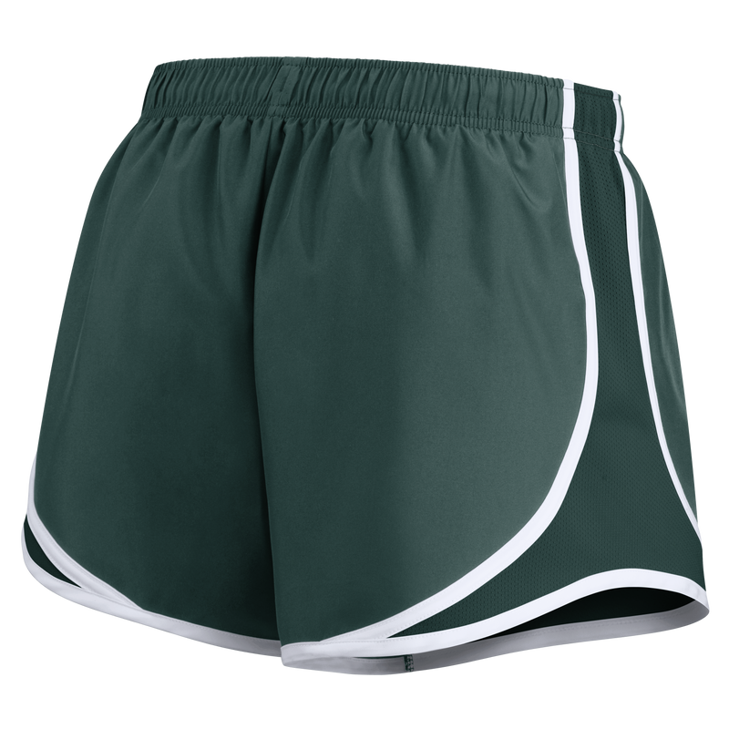 The back of a pair of green running shorts with white edges.