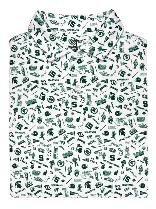 Michigan State Spartans button-down shirt featuring an all-over green collegiate-themed print with MSU logos, Spartan helmets, basketballs, footballs, and “Go Green” graphics.