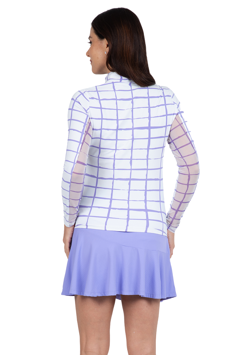 Women showing the backside of the athletic purple plaid long sleeve quarter-zip 