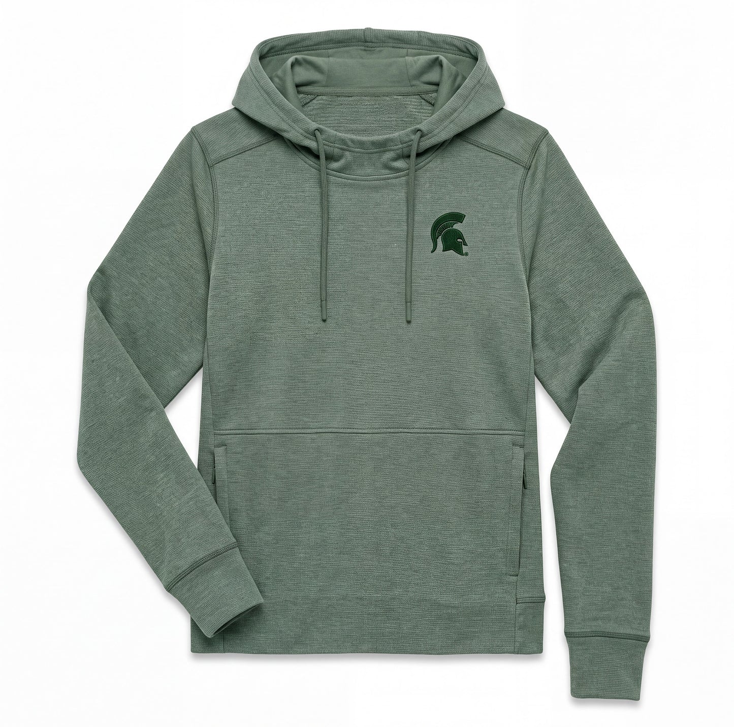 Green Michigan State Spartans pullover hoodie featuring a subtle tonal Spartans helmet logo on the chest, drawstring hood, long sleeves, and a front kangaroo pocket.