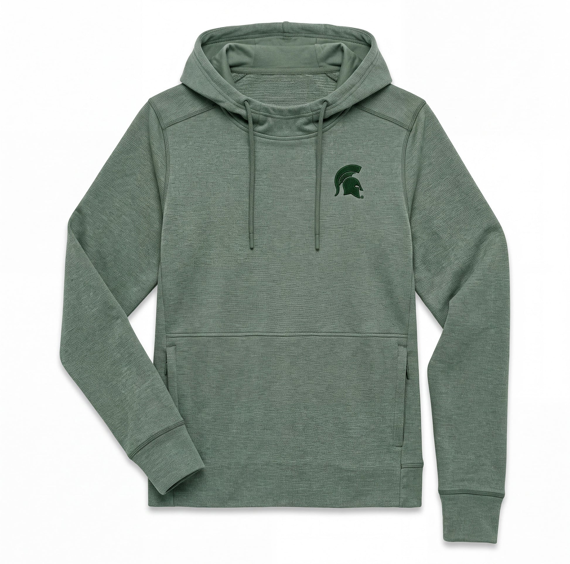 Green Michigan State Spartans pullover hoodie featuring a subtle tonal Spartans helmet logo on the chest, drawstring hood, long sleeves, and a front kangaroo pocket.