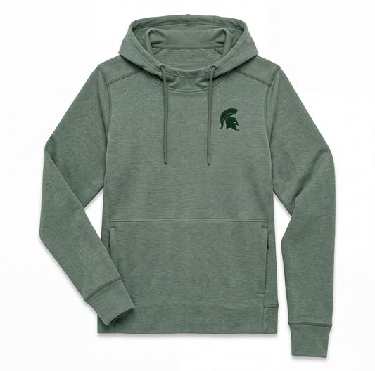 Green Michigan State Spartans pullover hoodie featuring a subtle tonal Spartans helmet logo on the chest, drawstring hood, long sleeves, and a front kangaroo pocket.