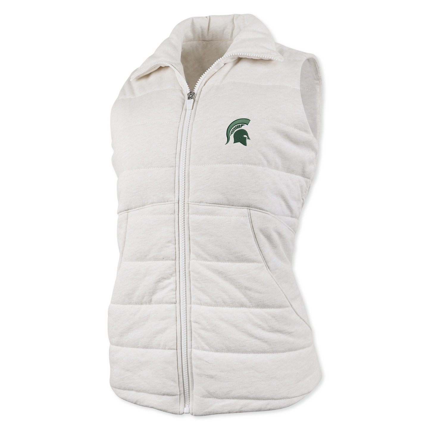 Off white sleeveless vest with horizontal stitching, front zipper, and Spartan helmet logo on the left chest.