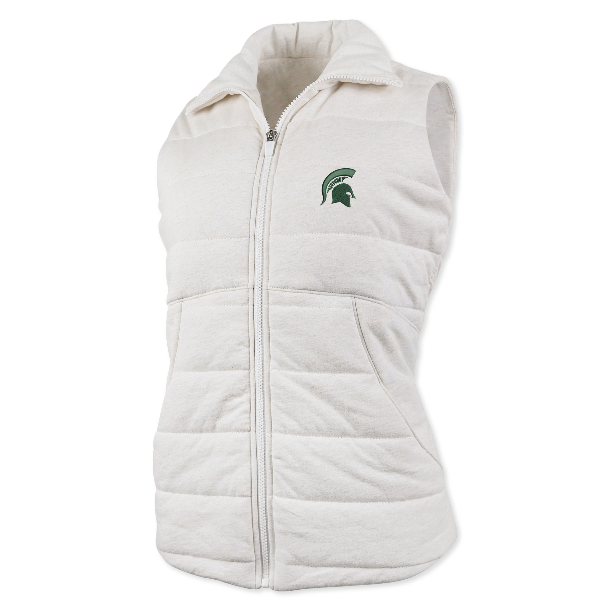 Off white sleeveless vest with horizontal stitching, front zipper, and Spartan helmet logo on the left chest.