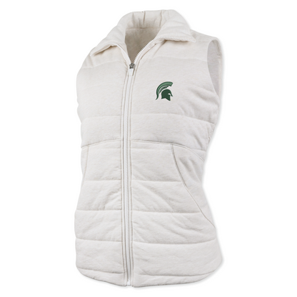 Off white sleeveless vest with horizontal stitching, front zipper, and Spartan helmet logo on the left chest.