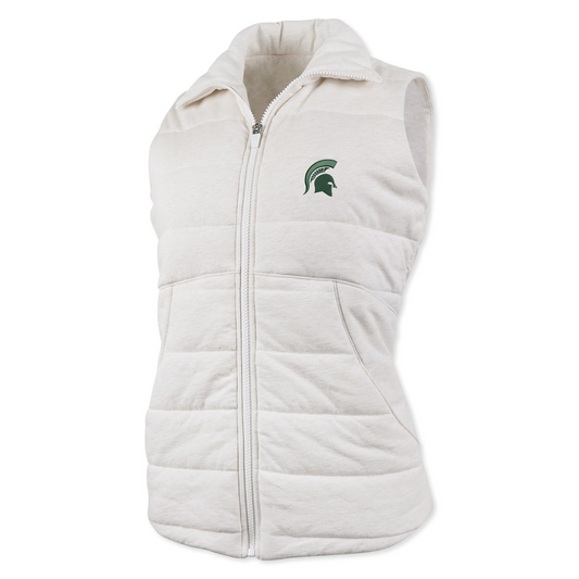Off white sleeveless vest with horizontal stitching, front zipper, and Spartan helmet logo on the left chest.