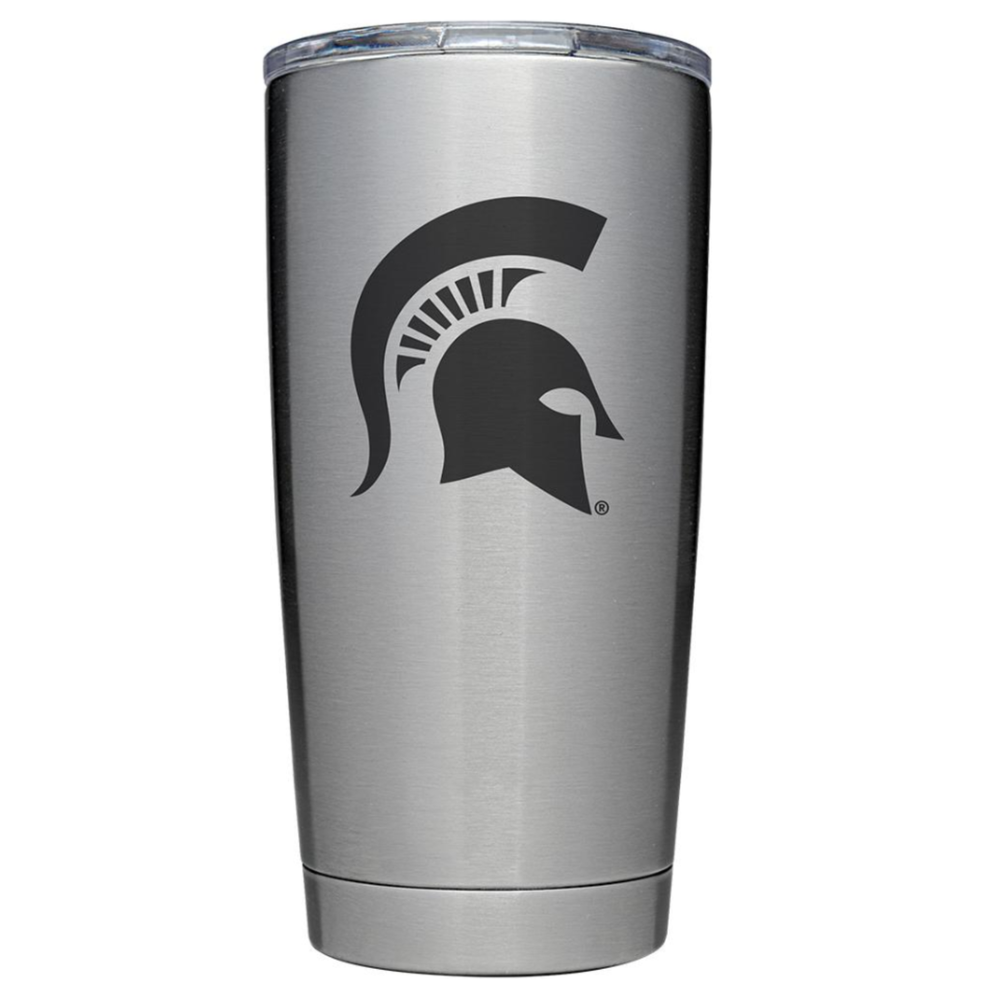 Stainless steel cup with a clear lid and a Spartan Helmet logo in the center.