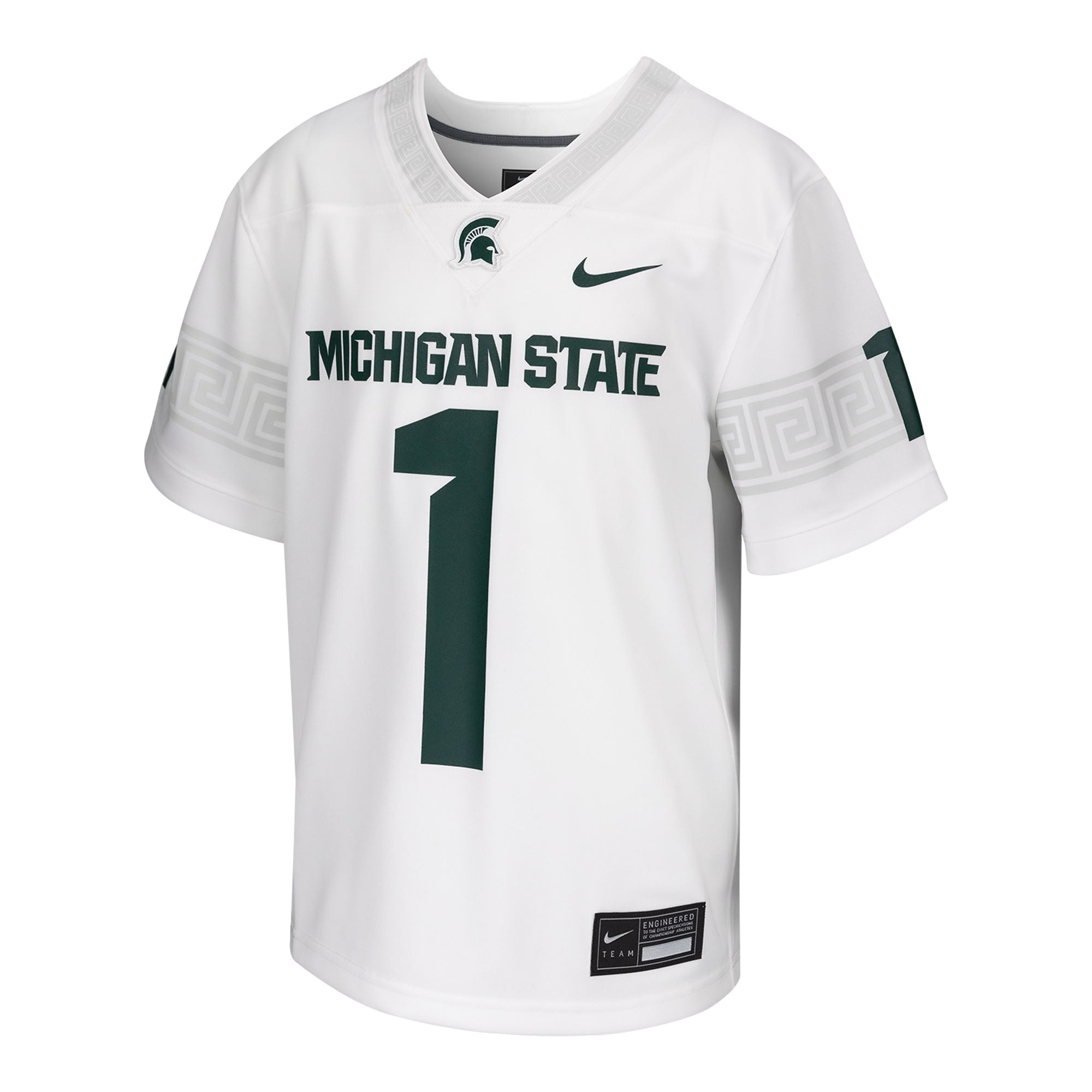 A white youth football jersey with green and gray details, featuring the number 1 and the text 'MICHIGAN STATE' on the front and the back.