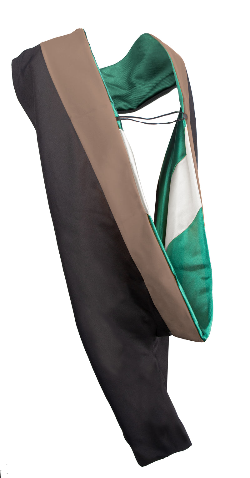 Graduation hood with a green and white velvet inside on a white background