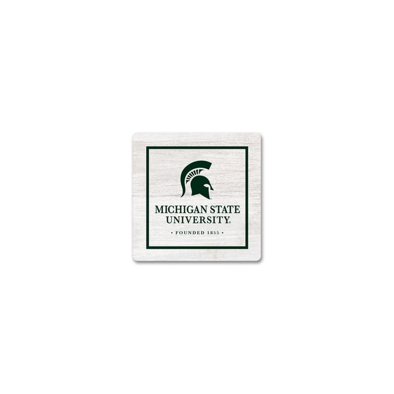 A white wooden magnet that reads "Michigan State University, Founded 1855" below a green Spartan helmet.