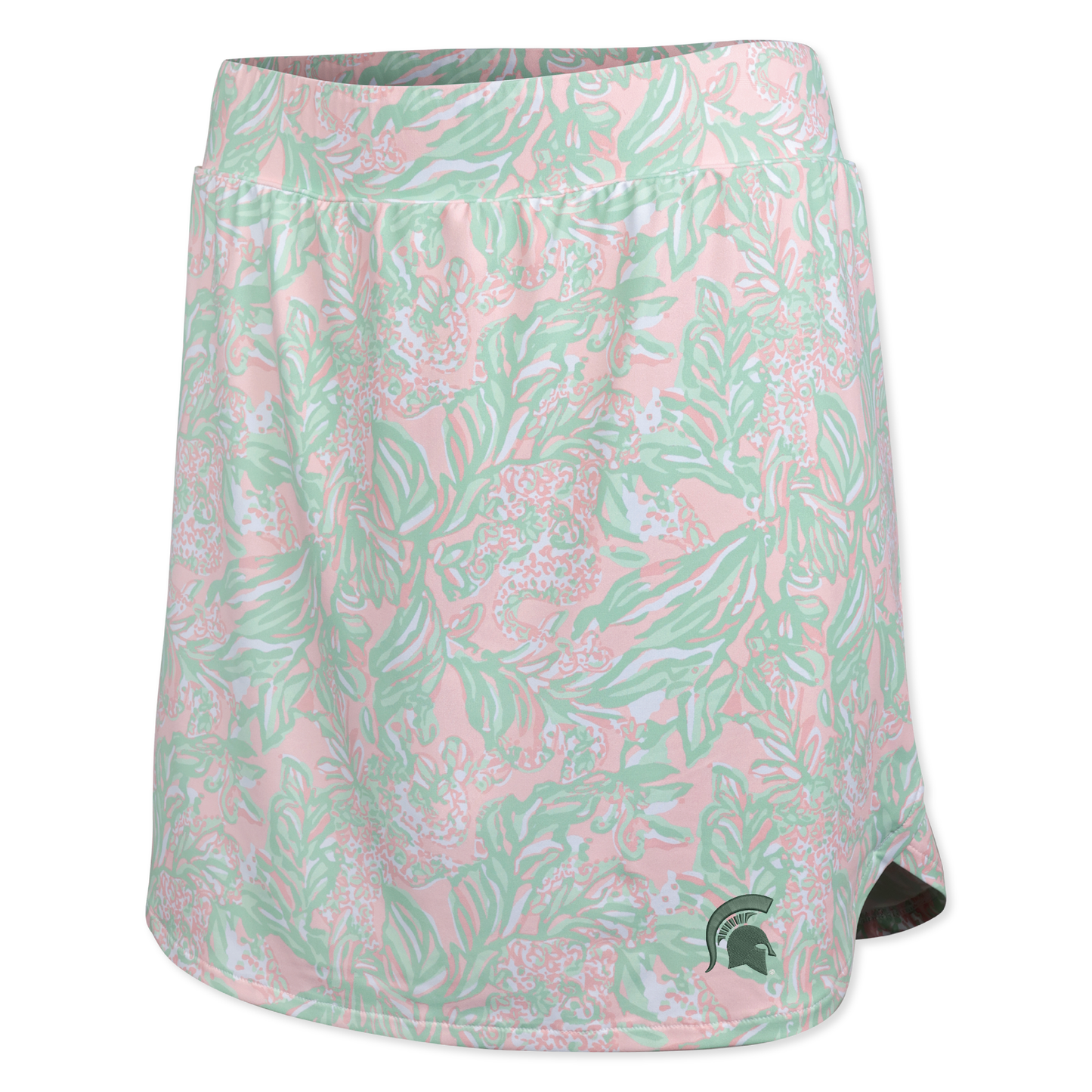 Green and pink floral printed skort with a curved hem and green Spartan Helmet logo embroidered on the lower left corner. 