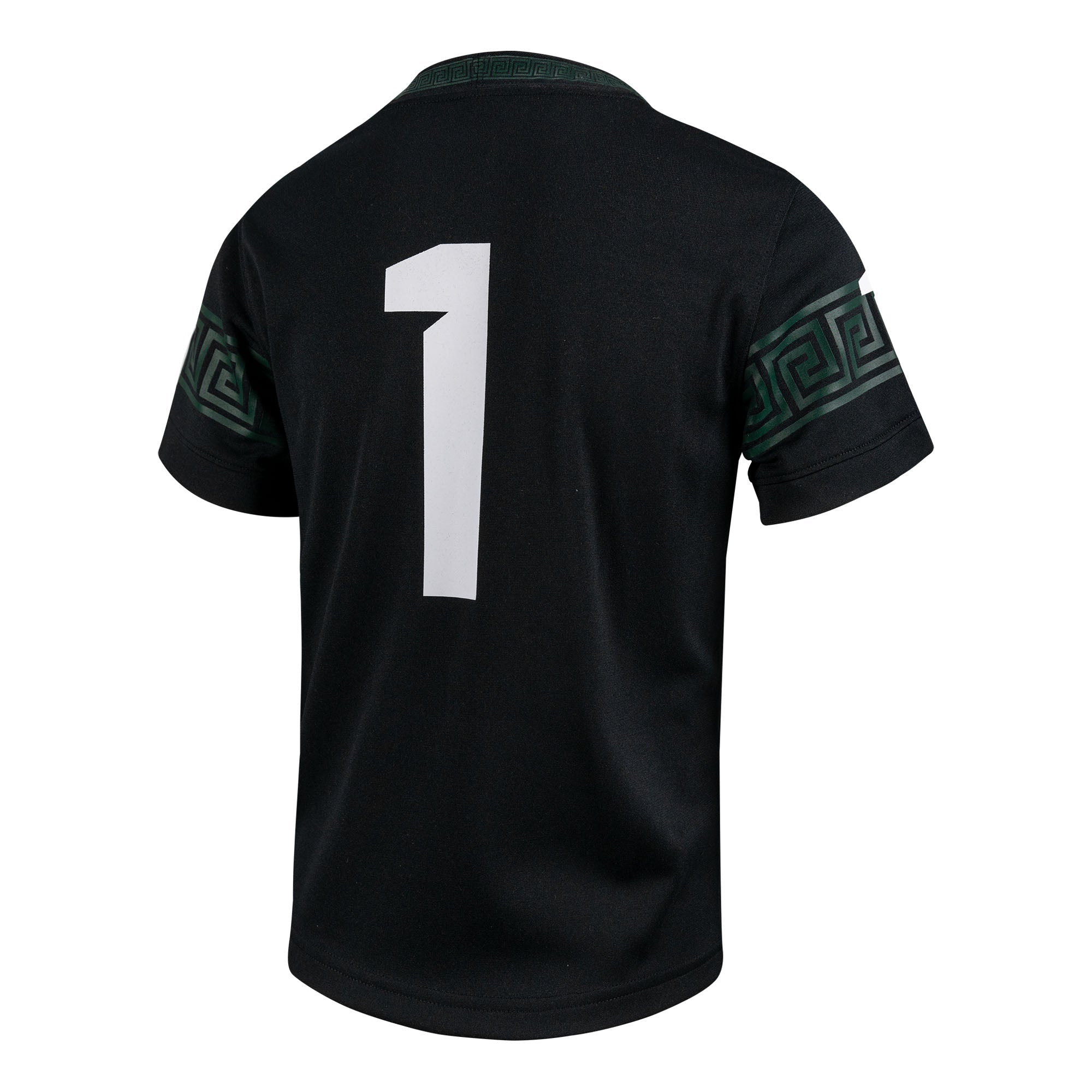 A black youth football jersey with white and green details, featuring the number 1 on the back.