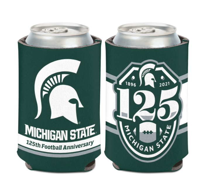 Front and back of dark green can coolers. On the left side of the image is a side of the can cooler that has a large white Spartan helmet logo, white text below the logo that reads "Michigan State," white and gray stripes on the bottom, and green text on the white stripe that reads "125th Football Anniversary. On the right side of the image is a side of the can cooler that has two gray stripes with a large white stripe in between. On top of the stripes is a graphic that has "125" and MSU themed designs. 