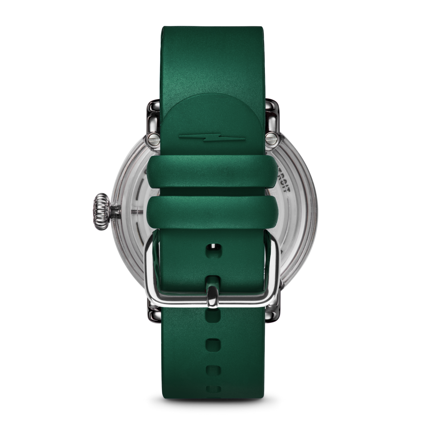 Green Shinola watch with green face and strap featuring white numbers and a white MSU Spartan helmet. Stainless-steel watch casing. 