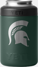 A green stainless steel can cooler with a silver Spartan Helmet in the middle.