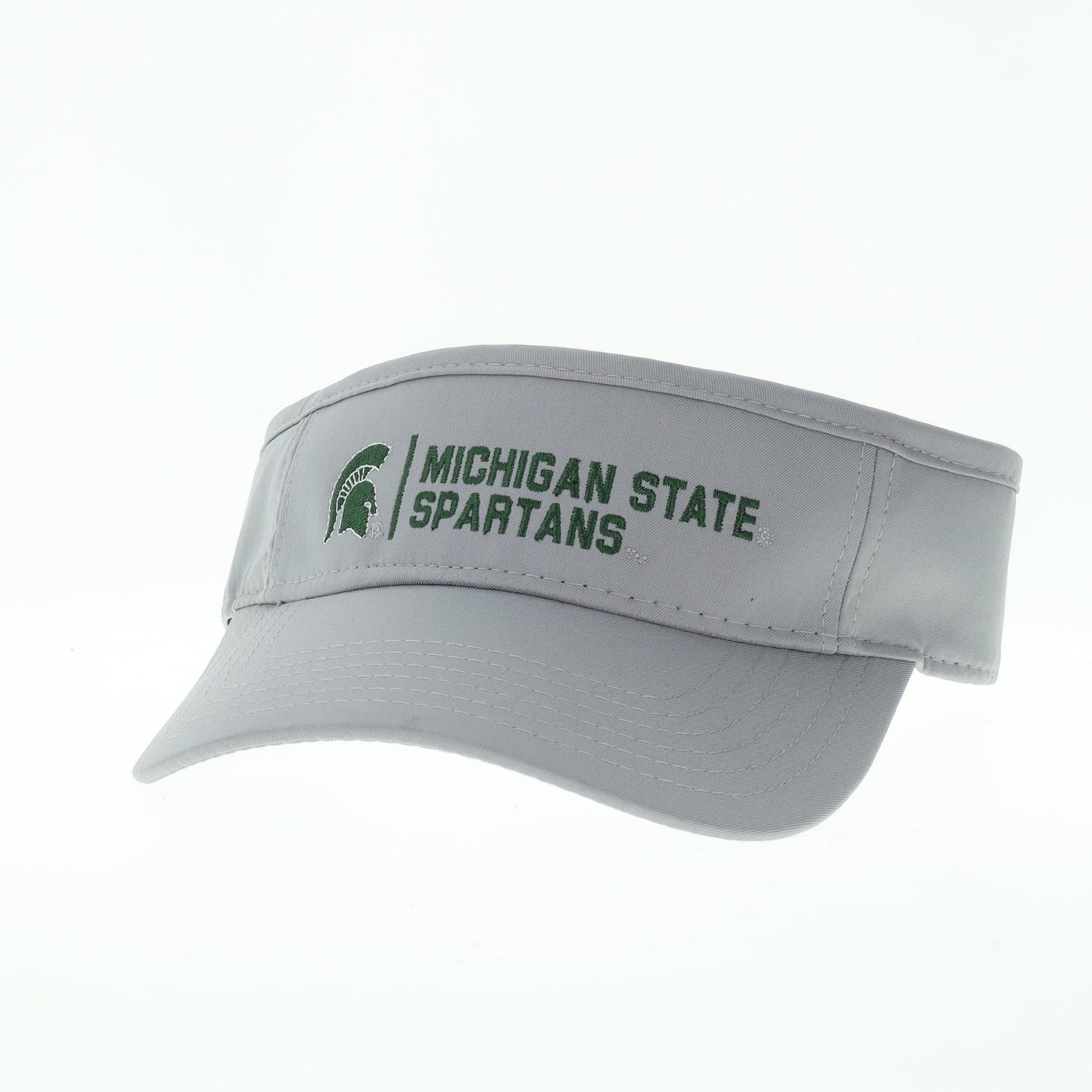 A gray adjustable visor with a low-rise front panel featuring green embroidered Spartan helmet logo, and the words "Michigan State Spartans."