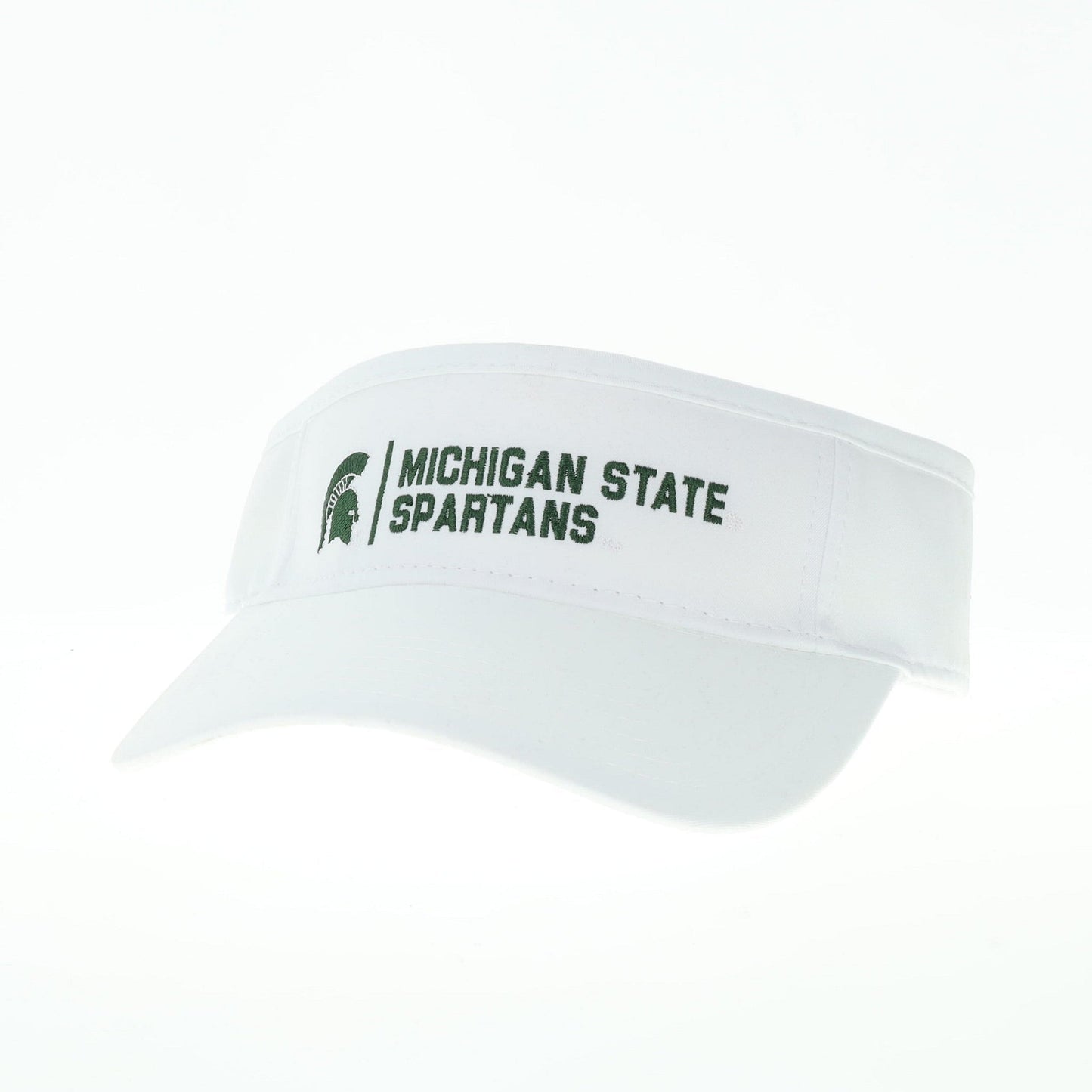 A white visor with green embroidered Spartan helmet logo, and the words "Michigan State Spartans" on the front. 