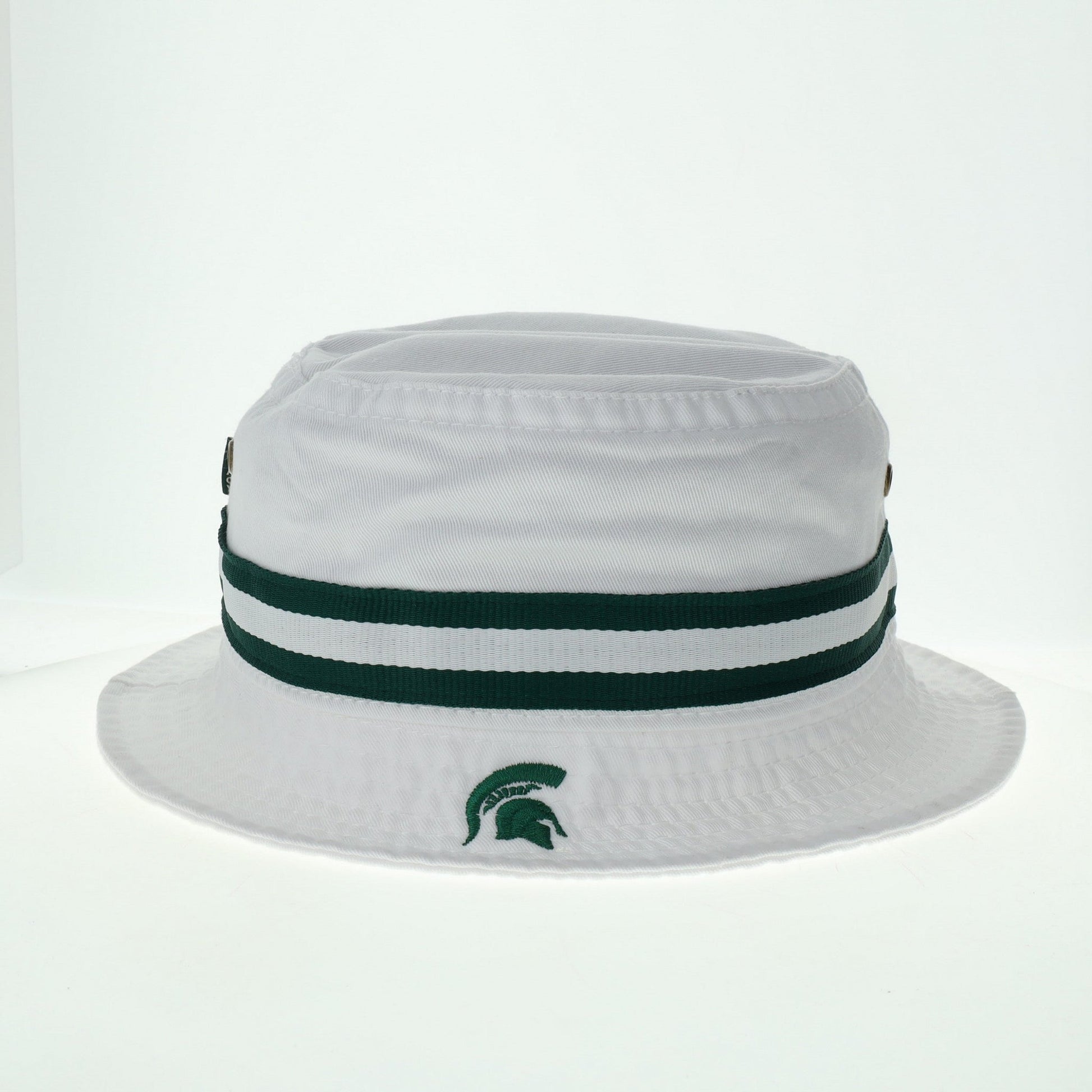 A white bucket hat with green stripes and an embroidered Spartan Helmet logo on the front.