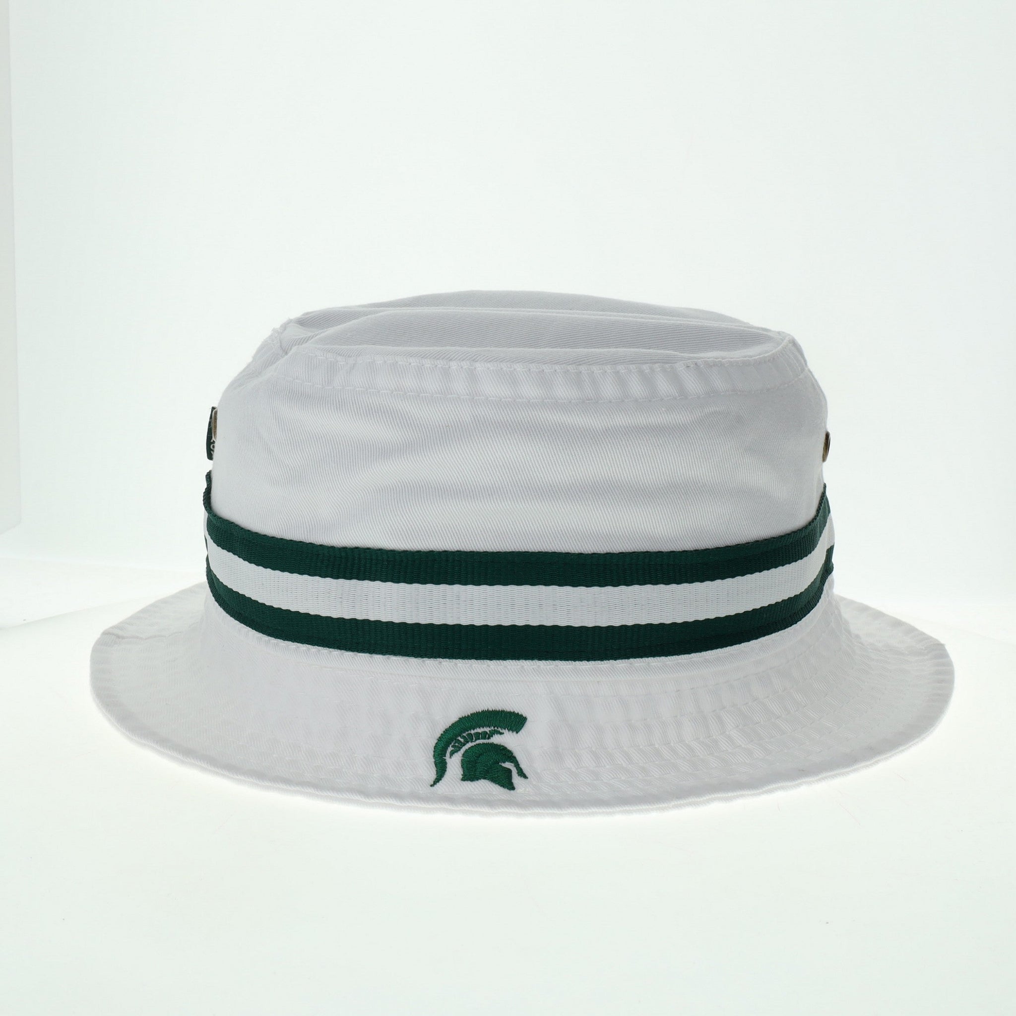 A white bucket hat with green stripes and an embroidered Spartan helmet logo on the front.