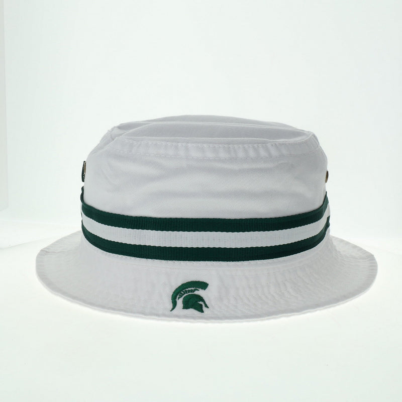 A white bucket hat with green stripes and an embroidered Spartan helmet logo on the front.