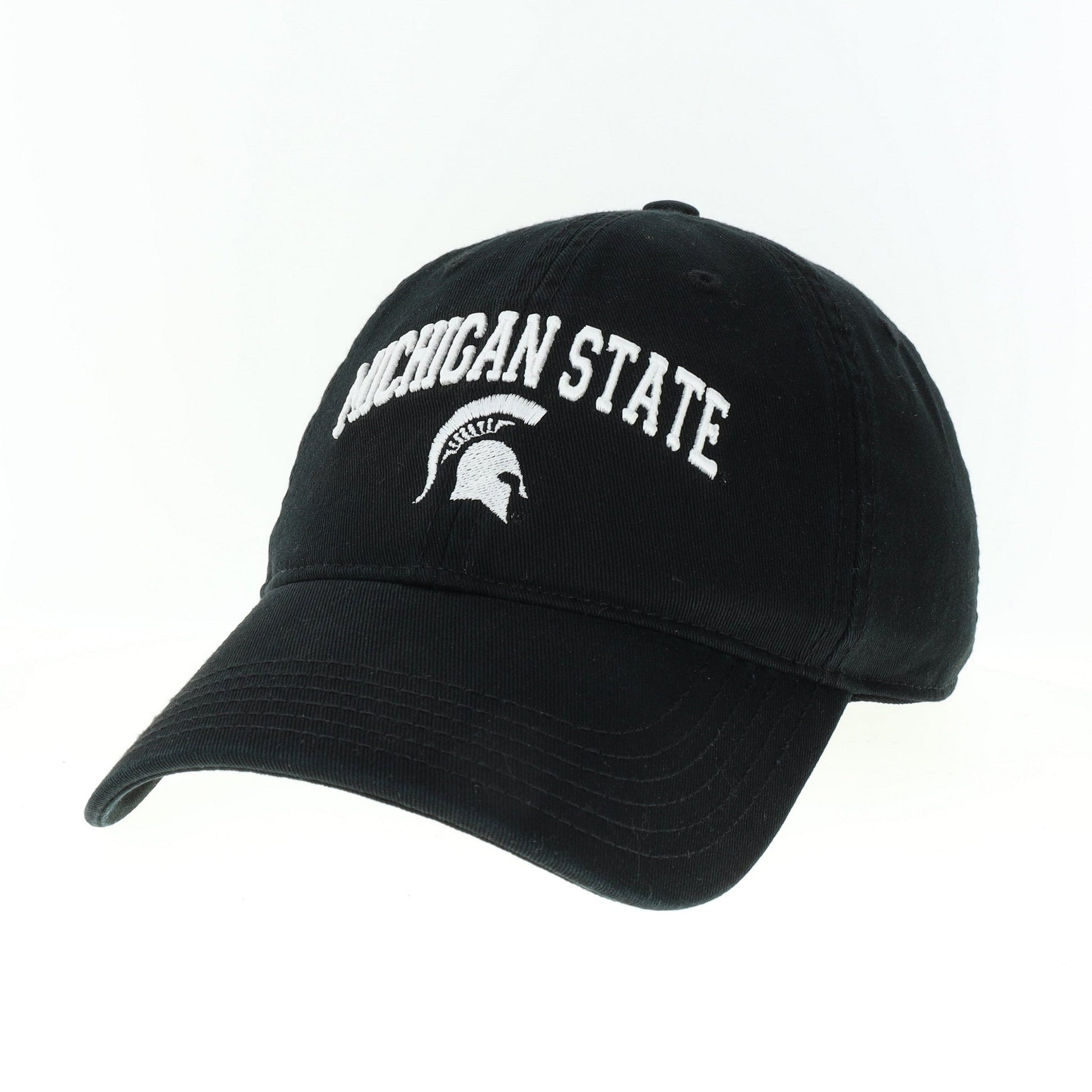 A black twill baseball cap with Michigan State and Spartan Helmet embroidered on the front below the text, all in white. 