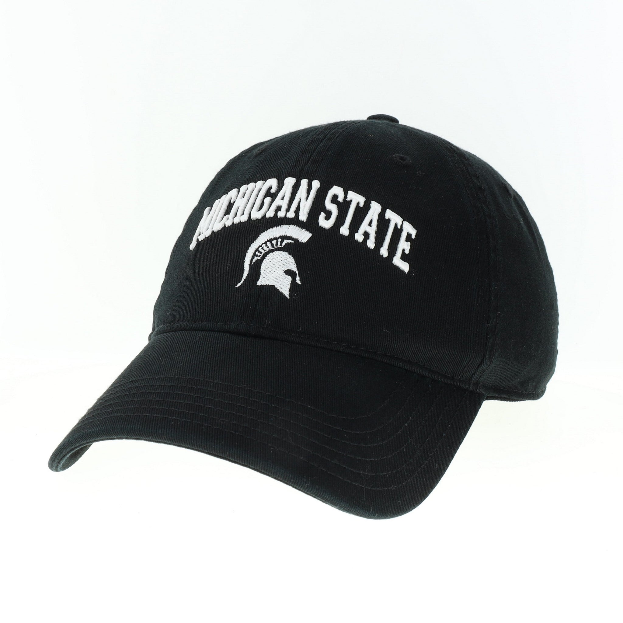 A black twill baseball cap with Michigan State and spartan helmet embroidered on the front, all in white. Helmet under the words.