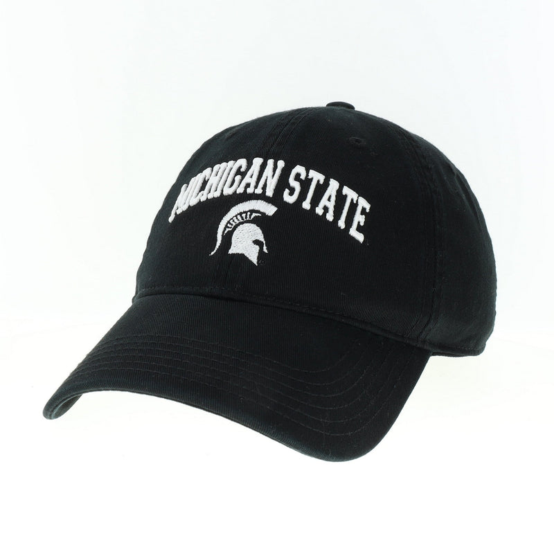A black twill baseball cap with Michigan State and spartan helmet embroidered on the front, all in white. Helmet under the words.