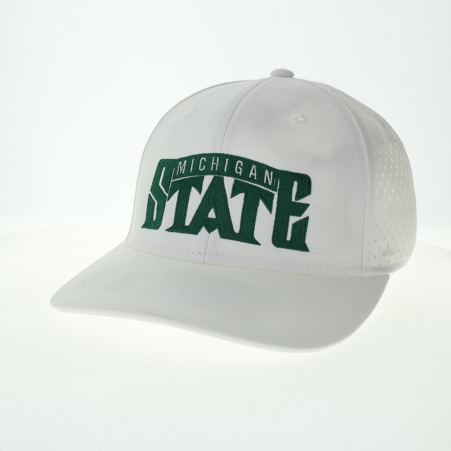 A white adjustable hat with bold "Michigan State" text in green on the front.