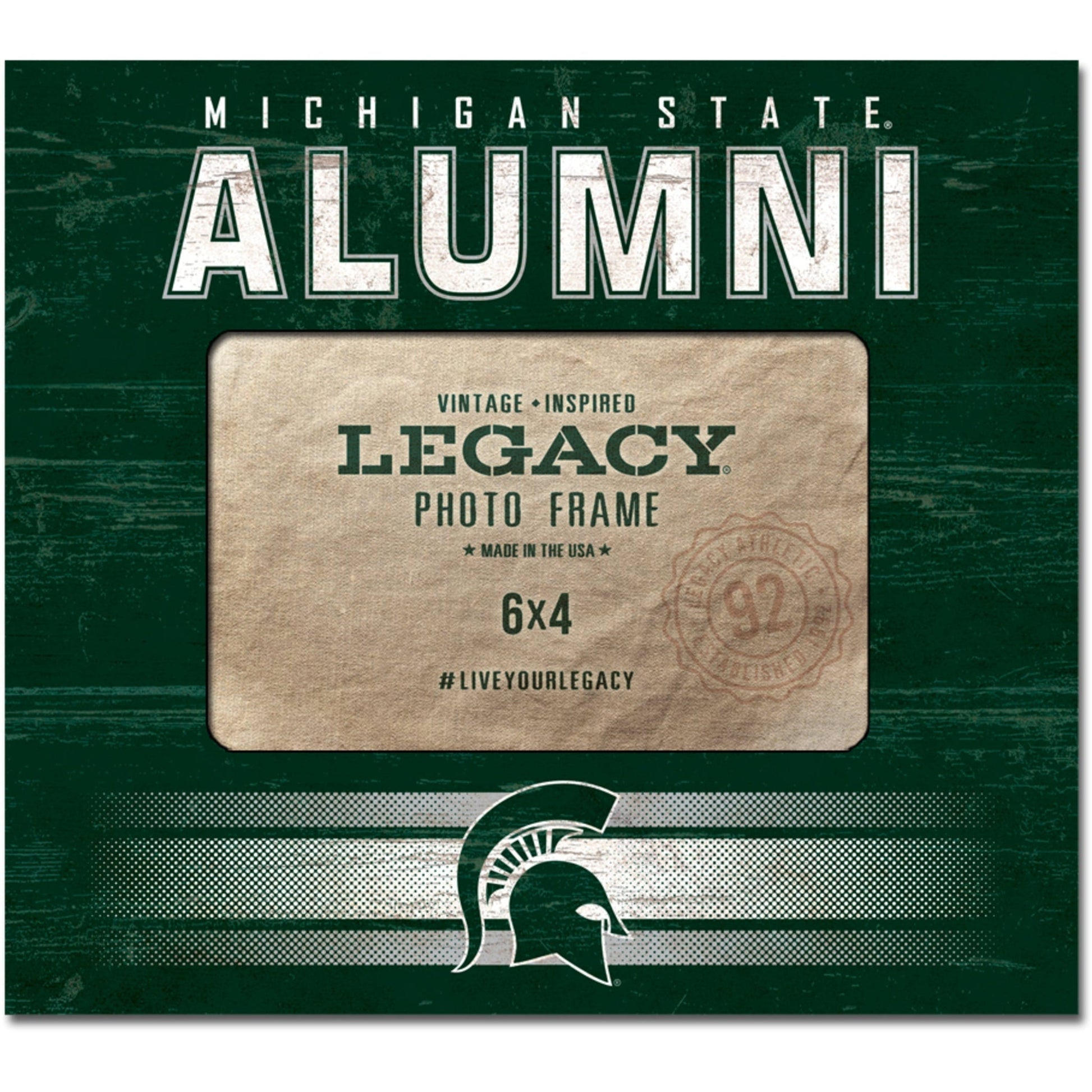 Michigan State Alumni photo frame with vintage-inspired design, labeled 'LEGACY PHOTO FRAME' and sized 6x4 inches; includes the hashtag #LIVEYOURLEGACY and 'Made in the USA' text.