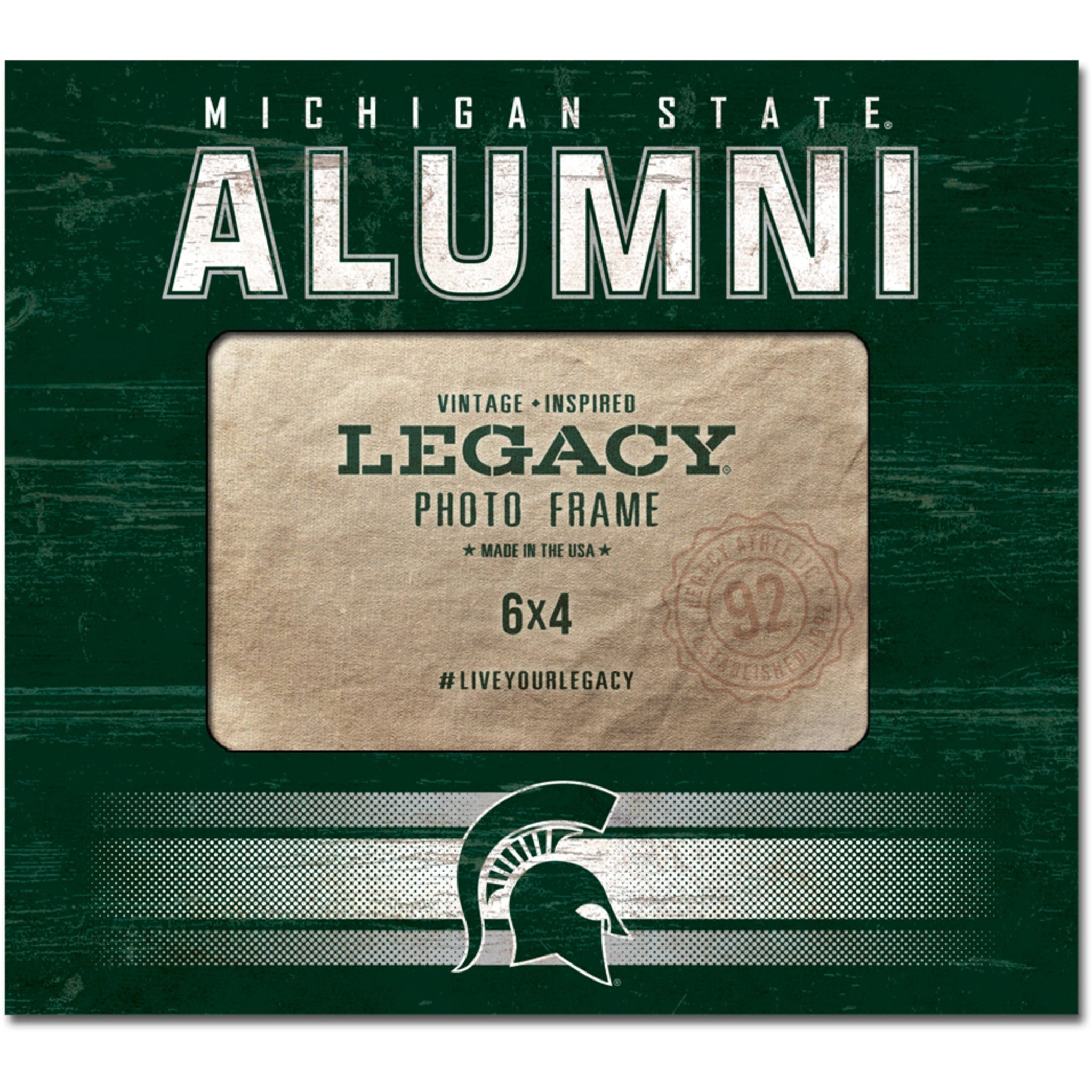 Michigan State Alumni photo frame with vintage-inspired design, labeled 'LEGACY PHOTO FRAME' and sized 6x4 inches; includes the hashtag #LIVEYOURLEGACY and 'Made in the USA' text.