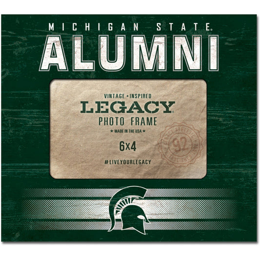 Michigan State Alumni photo frame with vintage-inspired design, labeled 'LEGACY PHOTO FRAME' and sized 6x4 inches; includes the hashtag #LIVEYOURLEGACY and 'Made in the USA' text.
