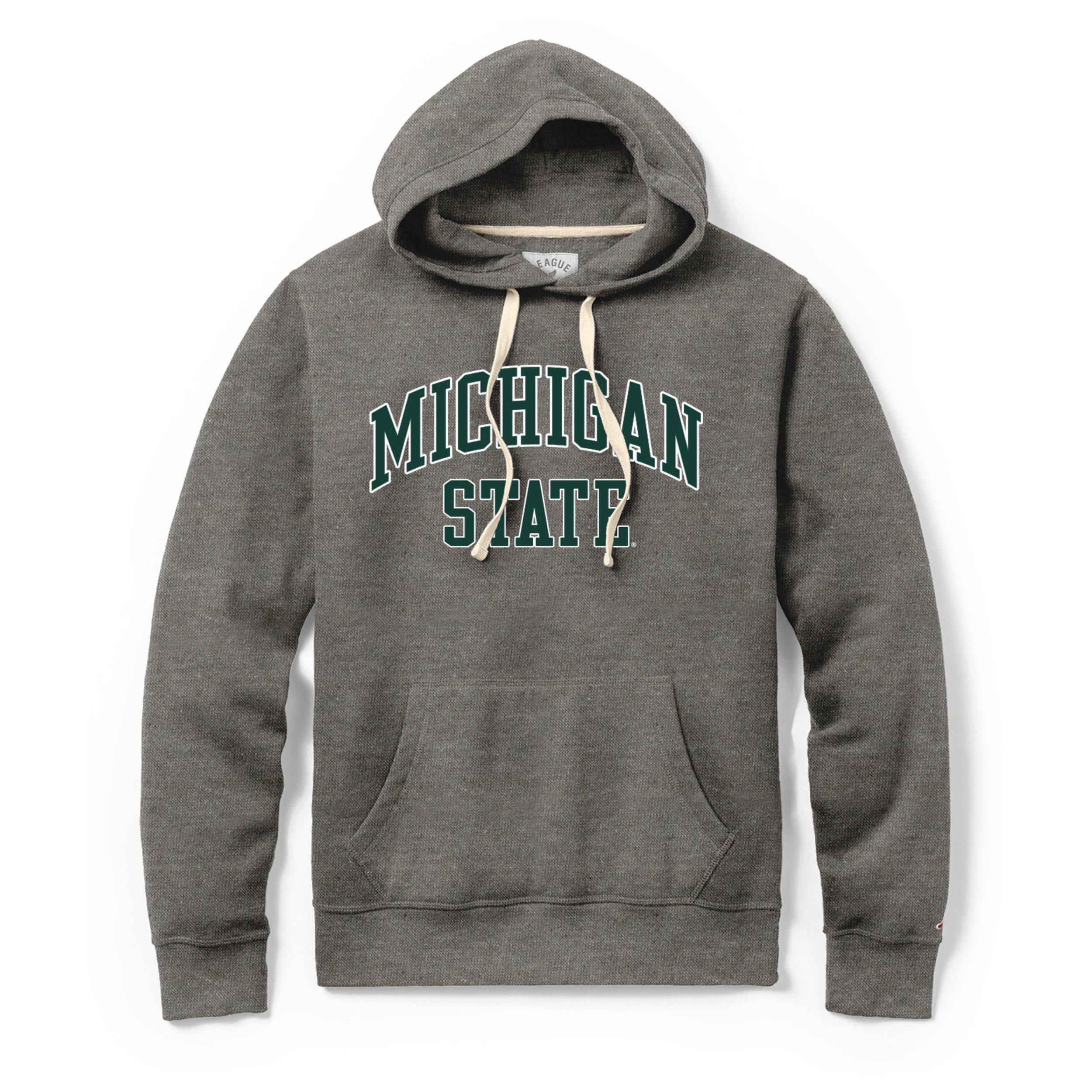 A gray hoodie with the words "Michigan State" on the chest in green with a white outline.