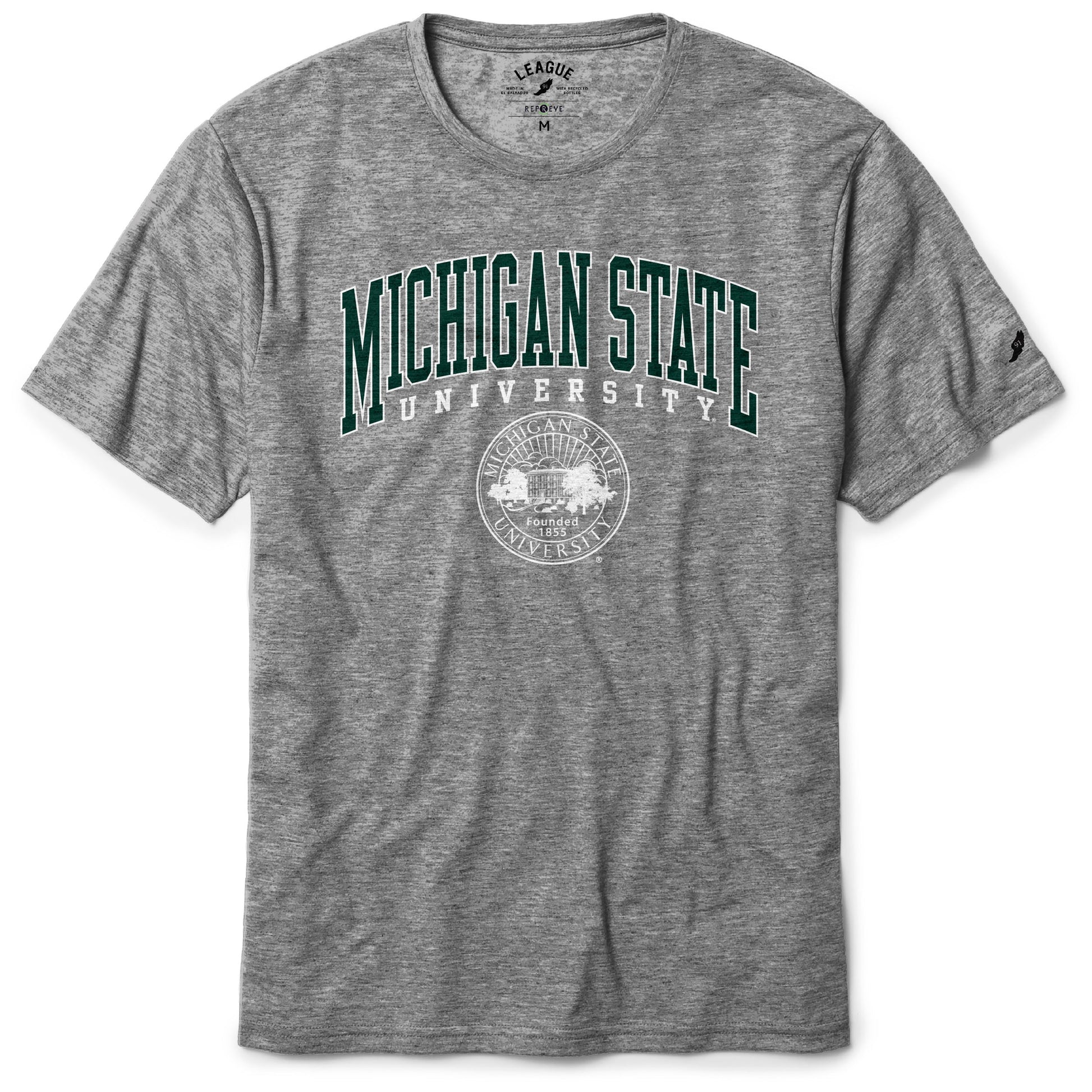 A gray Michigan State University T-shirt with a Michigan State University seal design on the front.