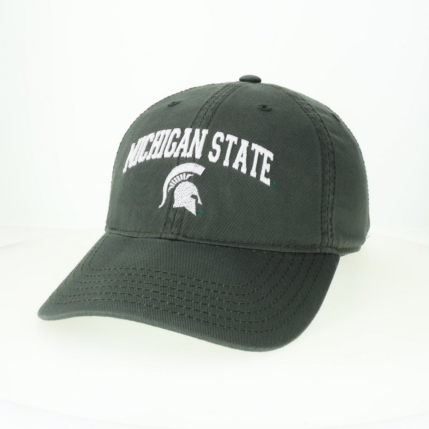 A green, unstructured cotton twill baseball cap with "Michigan State" embroidered on the front and an embroidered Spartan Helmet logo below the text, all in white.