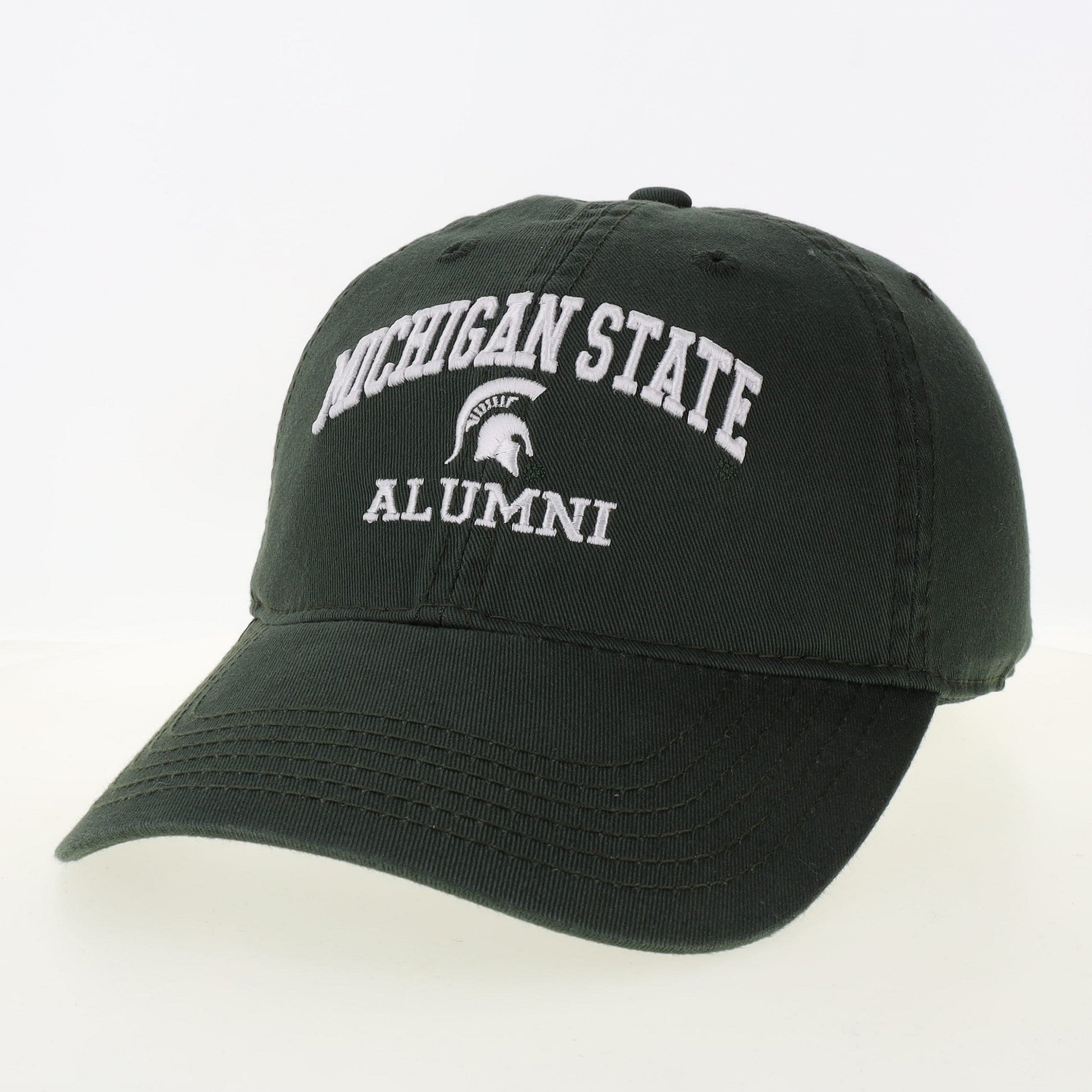 Dark green cap with 'Michigan State,' Spartan logo, and 'Alumni' on front.