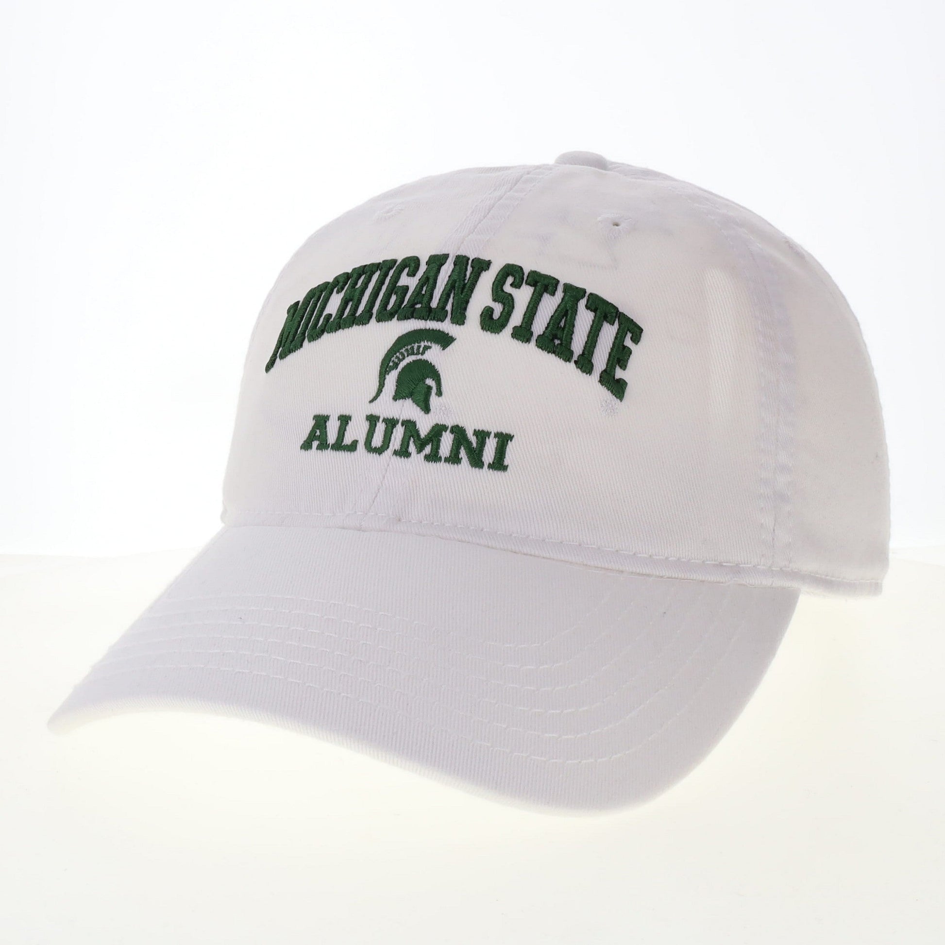 White cap with 'Michigan State,' Spartan logo, and 'Alumni' on front.