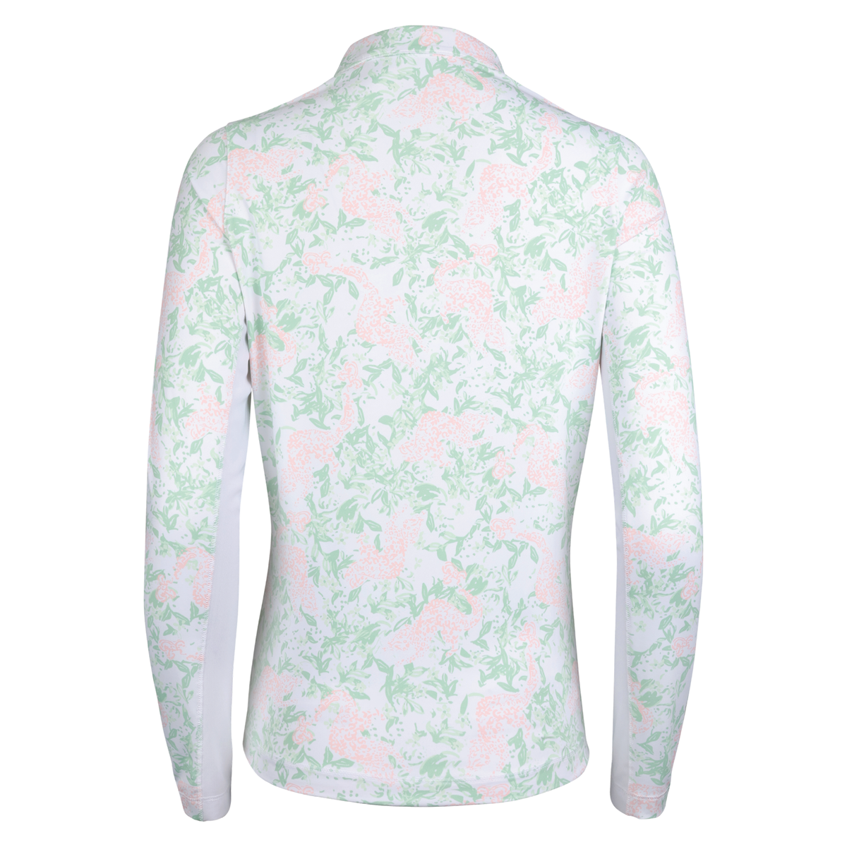 Back of a white fitted quarter-zip pullover with green and pink floral designs. The inside panels of the sleeves are white. 