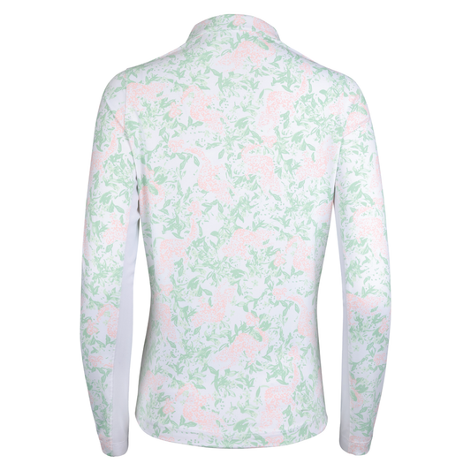Back of a white fitted quarter-zip pullover with green and pink floral designs. The inside panels of the sleeves are white. 