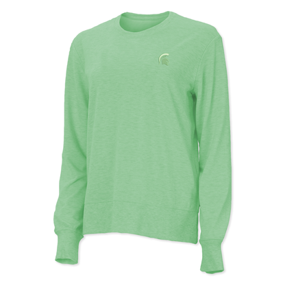 Bright green long sleeve T-shirt with a green Spartan Helmet logo embroidered on the upper left chest. 