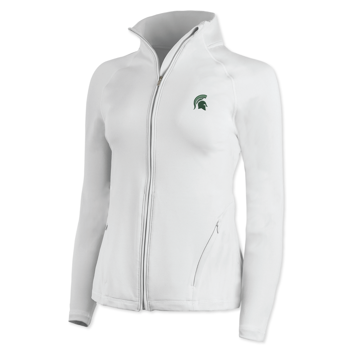 White full-zip jacket with two zippered pockets on either side and a green Spartan Helmet logo embroidered on the upper left chest. 