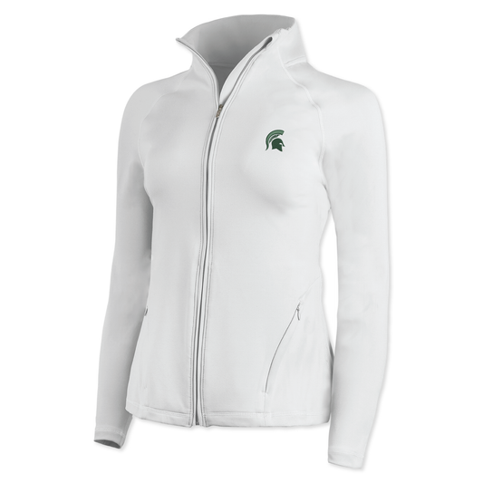 White full-zip jacket with two zippered pockets on either side and a green Spartan Helmet logo embroidered on the upper left chest. 