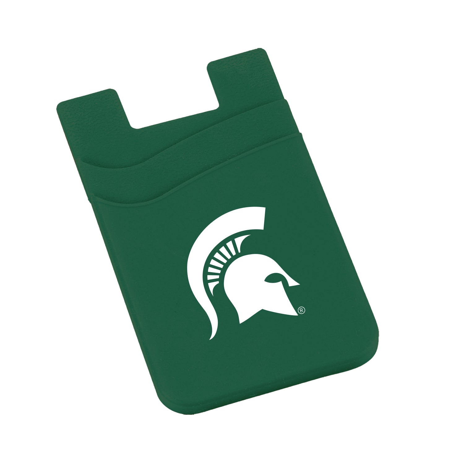 Dark green silicon phone wallet with two pockets for cards and a white Spartan Helmet logo on the front. 